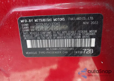 2023 Mitsubishi Mirage Black Edition/Ralliart/Se из США, поврежденный, VIN ML32AWHJ5PH003481